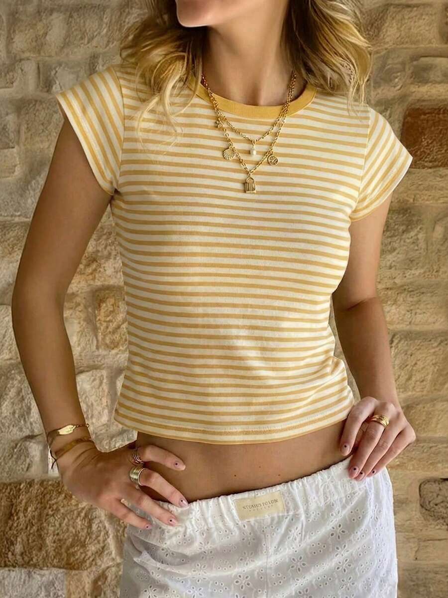 Sundraya Striped Digital Print Fashionable Minimalist Cropped T-Shirt, Gift For Friends - Multicolor - View 1