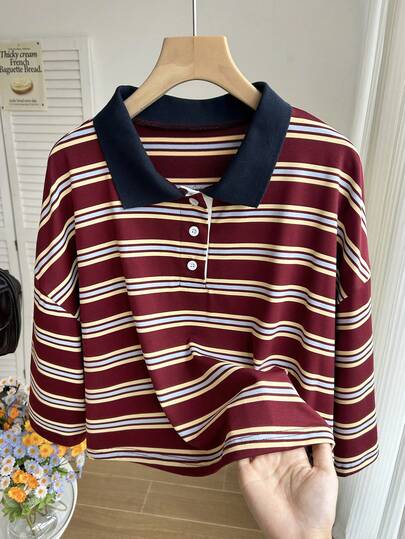 Comfortcana Áo Polo cỡ lớn phong cách retro Mỹ, màu đỏ tía và xanh navy kẻ sọc