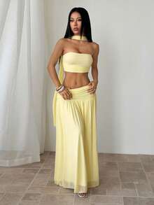SHEIN PETITE 黄色褶皱抹胸上衣和低腰褶皱腰带长裙两件套，沙滩度假装，夏季波西米亚风露背连衣裙，女士演唱会服装，婚礼伴娘两件套，黄色两件套 - 黃色 - 查看 3