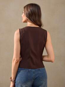 Wildy BOHO Casual Vacation French Retro Coffee Color Cotton Cardigan Cotton Brown Tops Office For Women Western Wear Women Brown Top Brown Tops Business Casual Woman Casual Tops Frenchy Tank Tops Western - Coffee Brown - View 2