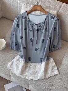 Franclia Chemise décontractée à manches courtes avec imprimé cachemire et torsade devant - Bleu azur - Voir 3