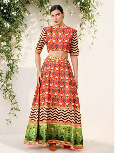LOTSLUV Women's Spring/Summer Orange, Green Floral & Striped Placement Print, Mandarin Collar Fitted Cropped Sleeve Top And Oversized A-Line Woven Twill Skirt 2-Piece Set,  Bohemian 2-Piece Set, Floral Print 2-Piece Set