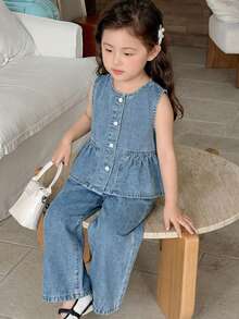 Maija Kids Maija Kids 2件套女童牛仔无袖背心和宽松裤套装 - 淺色水洗藍 - 查看 6