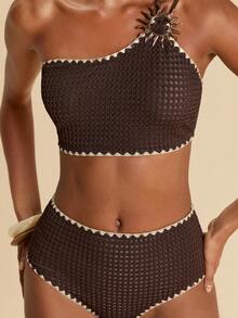 Travachic Bộ bikini nữ với viền kim loại tương phản, cổ áo bất đối xứng - màu nâu - Xem 3