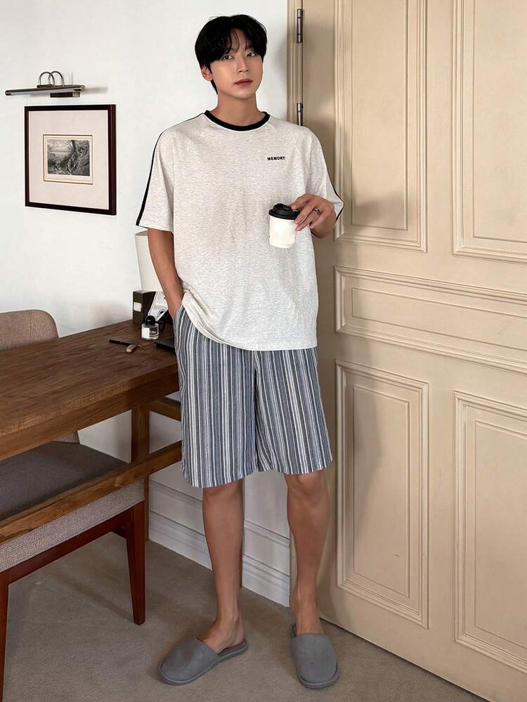 Men's Striped Gray Casual Shorts, Summer Loungewear