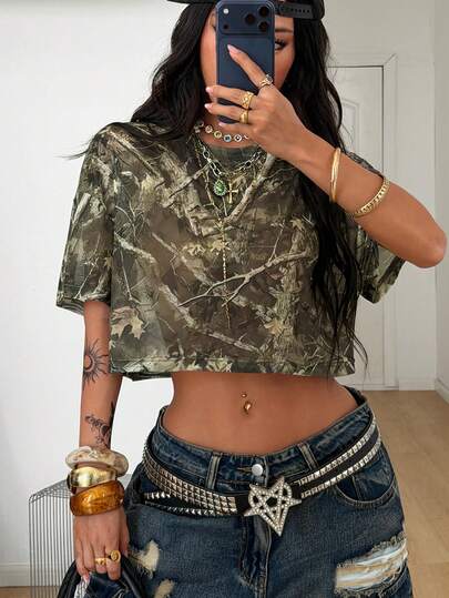 Coolane Women's Plant Print Round Neck Short Sleeve Cropped Casual T-Shirt