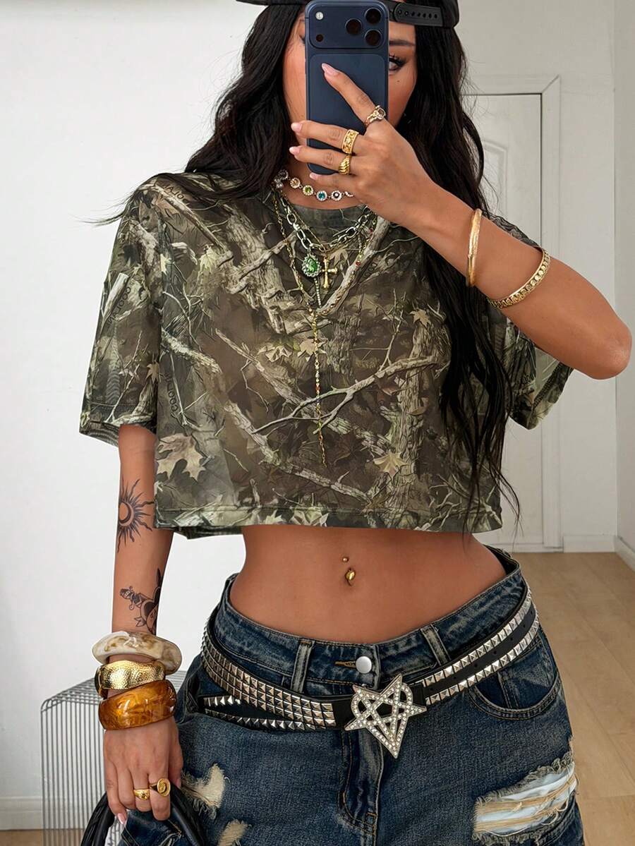 Coolane Áo thun nữ tay ngắn cổ tròn in họa tiết cây cỏ, kiểu dáng thường ngày. - xanh quân đội - Xem 1