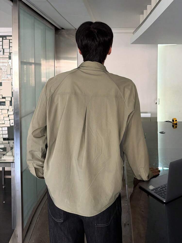 Spring Patchwork Colorblock Zipper Pocket Design Long Sleeve Men's Shirt