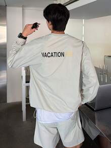 DAZY Men's Letter Print Long Sleeve T-Shirt And Shorts Set, Grey, Suitable For Spring And Autumn - Grey - View 4