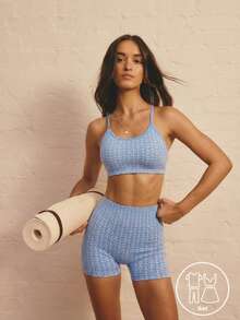 SHEIN Aralina-E 2 Pieces Set Leisurewear Seamless Pattern Intarsia Active Spring Summer Exercise Vacation Beach Binding Detail Crop Strappy Bike Short Two Pieces Set Chocolate - Blue - View 11
