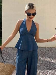 DAZY 女士夏季条纹吊带上衣和裤子休闲两件套 - 藏蓝色 - 查看 3