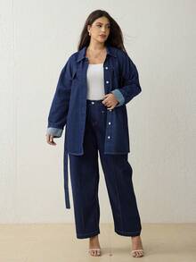 Selenza 大码女式纯色水洗牛仔外套，秋冬款 - 深色水洗藍 - 查看 8