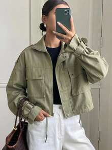 Flap Pocket Drop Shoulder Drawstring Hem Jacket,Fall Clothes - Army Green - View 8