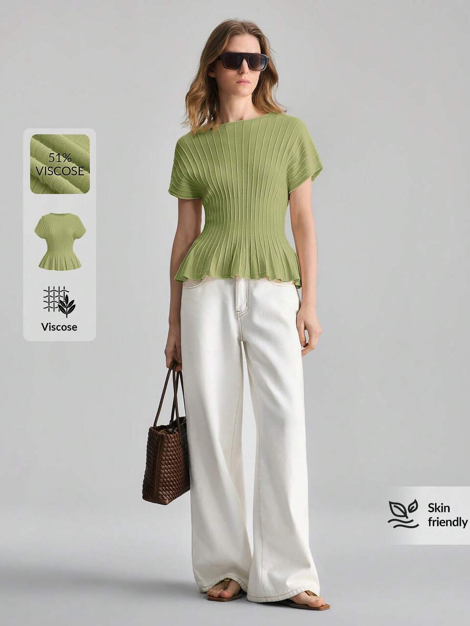 Women's Sage Green Summer Sweater,Short Sleeve Knitted Top,Elegant Office Casual Round Neck Toothpick Stripe Design,Waist Cinching Loose Fit Sweater