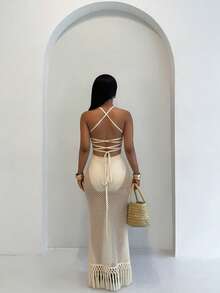 BamGleam Đầm hè đi biển BamGlam 2026 dành cho nữ, chất liệu lưới móc, viền tua rua, thiết kế 2 trong 1, kết hợp giữa áo liền thân và đầm quây bằng vải lưới trong suốt gợi cảm, thích hợp cho kỳ nghỉ hè ở bãi biển. - Màu be - Xem 2