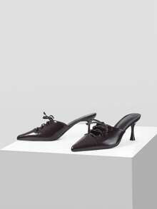 Mnmlis Giày cao gót Mullers French Stiletto Half-Tray mũi nhọn buộc dây bằng da bóng màu đen, thích hợp cho việc đi làm. - màu nâu - Xem 2