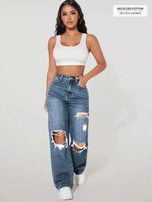SHEIN PETITE Women's Casual Washed Distressed Straight Leg Jeans - Blue - View 4