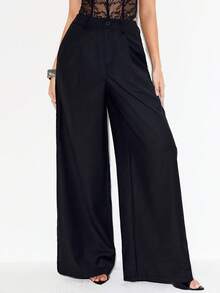 Femmeiva Pantalon de costume noir pour femme, pantalon ample avec design patchwork en dentelle - Noir - Voir 3