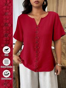 Weeklong Plus Size Women's Spring/Summer Vacation Floral Patchwork Ruffle Trim Loose Short Sleeve Top - Red - View 1