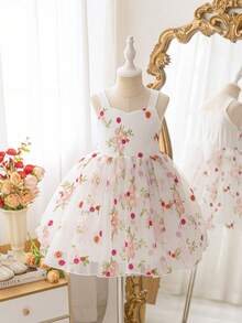 Glamorique Kids 女童花卉刺绣公主裙，柔软薄纱泡泡袖花童礼服，适合生日派对、婚礼、春夏穿着，也适合拍照 - 白色 - 查看 6