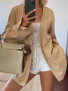 Livesso Brown Lace-Up Loose Denim Jacket For Women, Suitable For Summer Vacation And Autumn - Brown - View 3