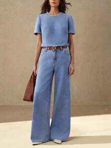 Selenza Bộ quần jean ống rộng và áo tay ngắn đính đá thời trang đi làm cho nữ - Màu xanh lam - Xem 1