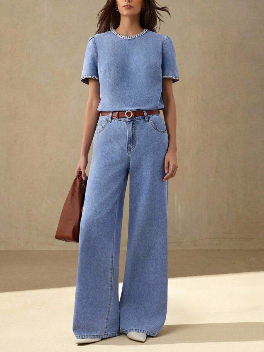 Selenza Bộ quần jean ống rộng và áo tay ngắn đính đá thời trang đi làm cho nữ - Màu xanh lam - Xem 1