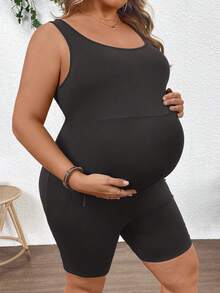 Plussiva Plus Size Maternity Casual Vacation & Commute Solid Color Scoop Neck Fitted Romper, Summer - Grey - View 1