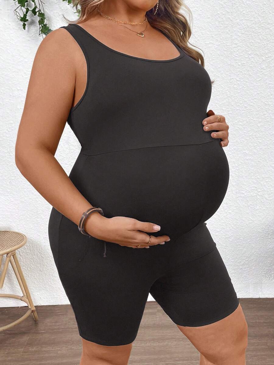 Plussiva Plus Size Maternity Casual Vacation & Commute Solid Color Scoop Neck Fitted Romper, Summer - Grey - View 1