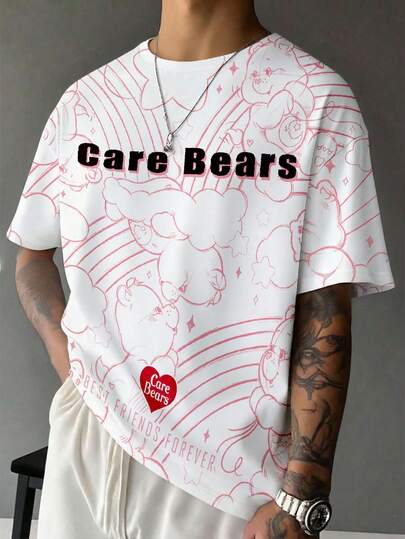 SHEIN X Care Bears 男士休闲可爱卡通熊彩虹字母印花宽松T恤，时尚街头风，适合日常通勤和夏季穿着