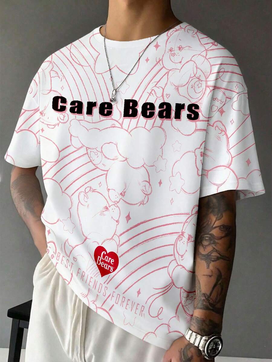 SHEIN X Care Bears Camiseta holgada con estampado de oso de dibujos animados y arcoíris para hombre, estilo casual y de moda para el uso diario en verano - Blanco - Ver 1