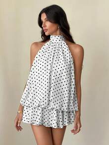 SHEIN Tall Women's Elegant Polka Dot Print Halter Backless Mini Dress,Summer Dresses For Women - Multicolor - View 4