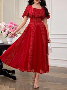 Modelyn Polka Dot Patchwork Chiffon Long Sleeve Waist Flare Midi Dress For Women - Red - View 3