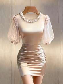 Franclia Đầm ôm sát người bằng chiffon, cổ tròn, tay phồng, đính ngọc trai, viền bèo nhún, thanh lịch, thích hợp cho công sở, tiệc tùng, kỳ nghỉ lãng mạn, liên hoan, hẹn hò. - Màu be - Xem 3