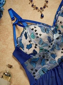 SHEIN 大码浪漫花卉系列内衣连衣裙含丁字裤三件套 - 寶藍色 - 查看 7