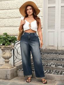 SHEIN Holidaya Quần jean ống rộng dáng suông phối màu tương phản cỡ lớn - Rửa trung bình - Xem 7