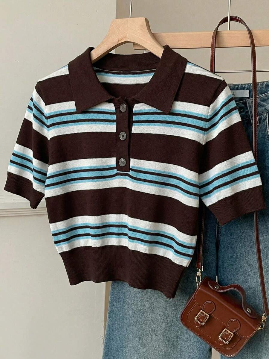 SHEIN EZwear Blusa casual de punto con cuello polo y mangas cortas a rayas para mujer - Marrón - Ver 1