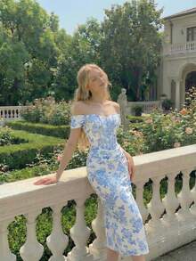 SHEIN MOD 女士碎花露肩褶皱修身连衣裙 - 藍白色 - 查看 1