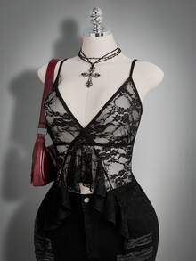 SHEIN ICON 夏季大码性感荷叶边薄纱蕾丝吊带背心 - 黑色 - 查看 1