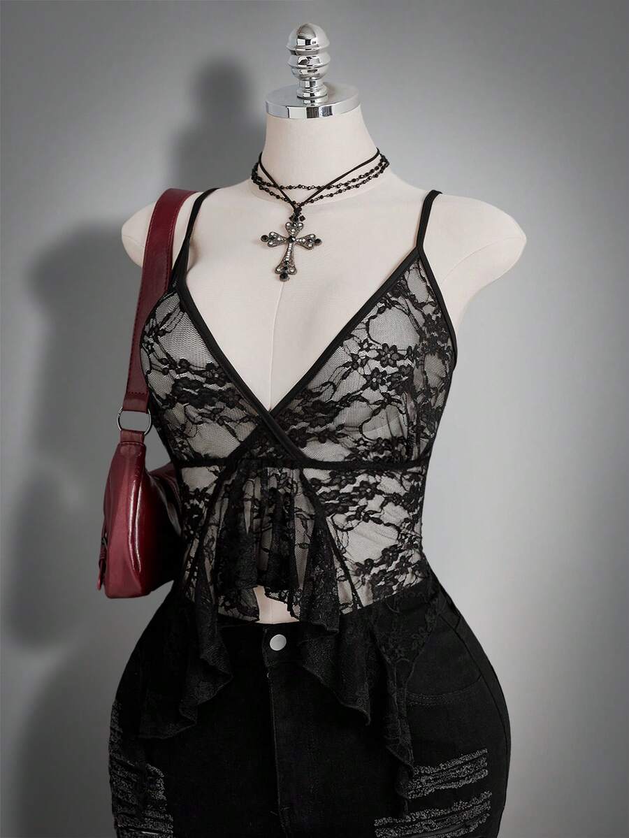 SHEIN ICON 夏季大码性感荷叶边薄纱蕾丝吊带背心 - 黑色 - 查看 1