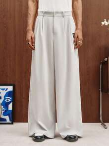 TOKVUE Men's Letter Embroidered Pleated Wide Leg Loose Suit Pants - Light Grey - View 3