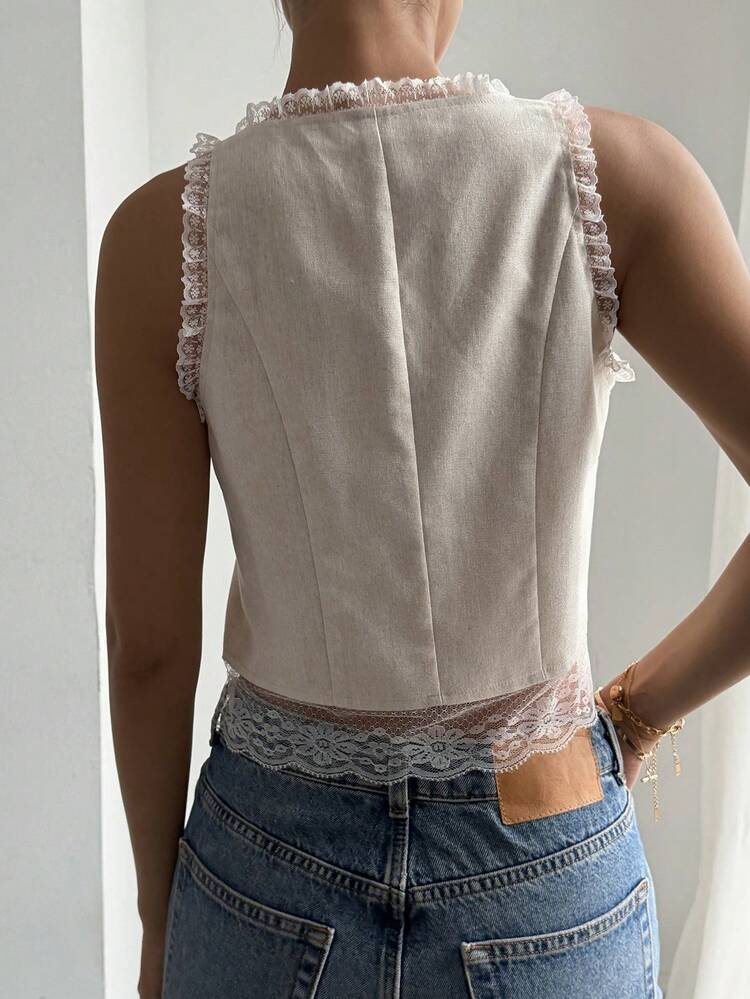 Contrast Lace V-Neck Sleeveless Tie-Front Cropped Lightweight Casual Elegant Summer Vest Jacket For Women
