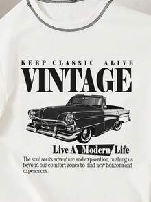 Manfinity Joysei 标准尺码男士经典复古汽车图案撞色圆领T恤，休闲百搭，夏季必备 - 白色 - 查看 2