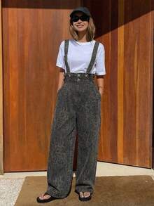 DAZY 女士豹纹宽松可调节牛仔背带裤，休闲都市风 - 綠色 - 查看 3