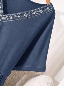 CosyJoli 大码女式水洗休闲刺绣T恤 - 藍色 - 查看 5