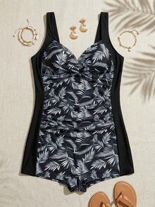 Swim SPRTY Plus Size Women's Summer Thick Strap Gather Tankini Swimsuit For Beach Vacation - Black and White - View 8
