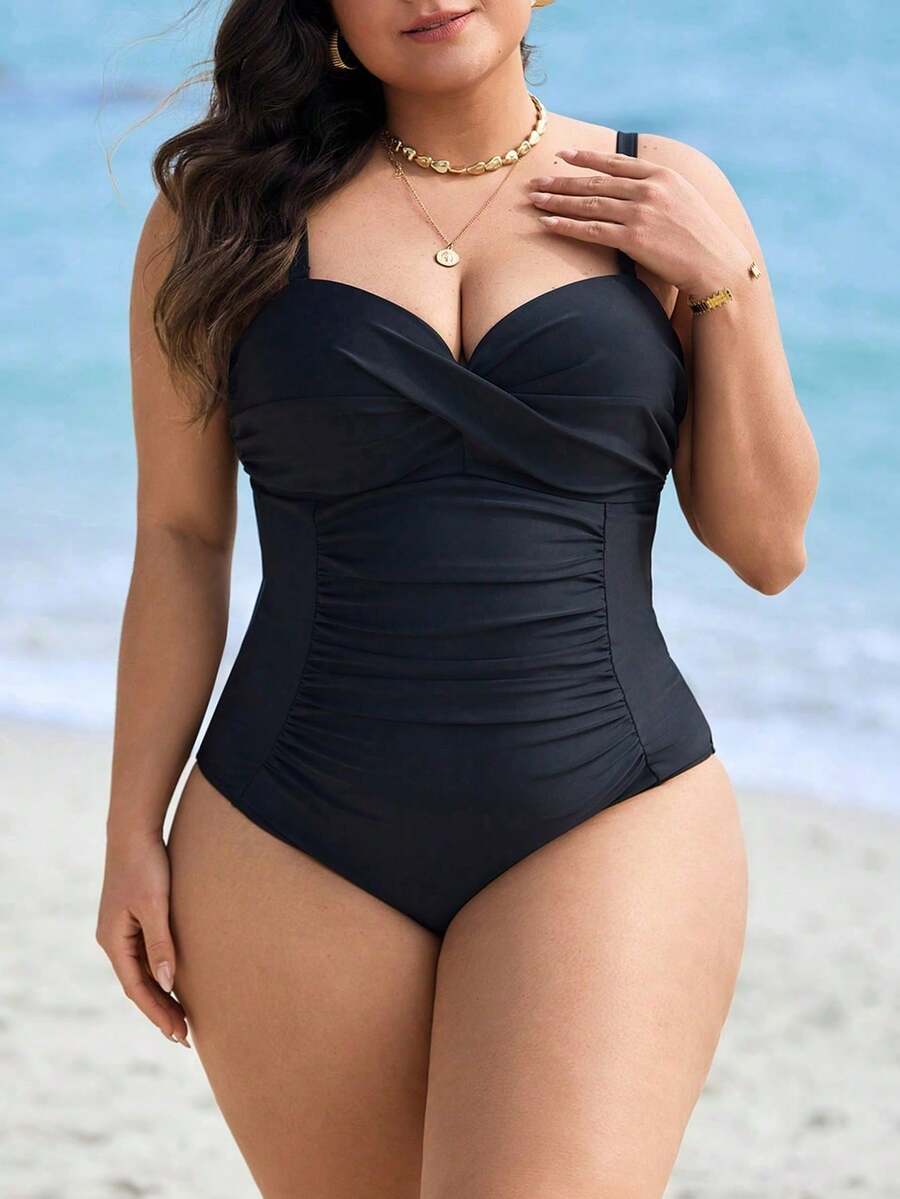 Swim Lushoire Traje de baño de una pieza elegante con fruncido en la cintura y cruzado delantero en unicolor para mujeres de talla grande, apto para piscina y resort de playa, ideal para vacaciones de verano - Negro - Ver 1