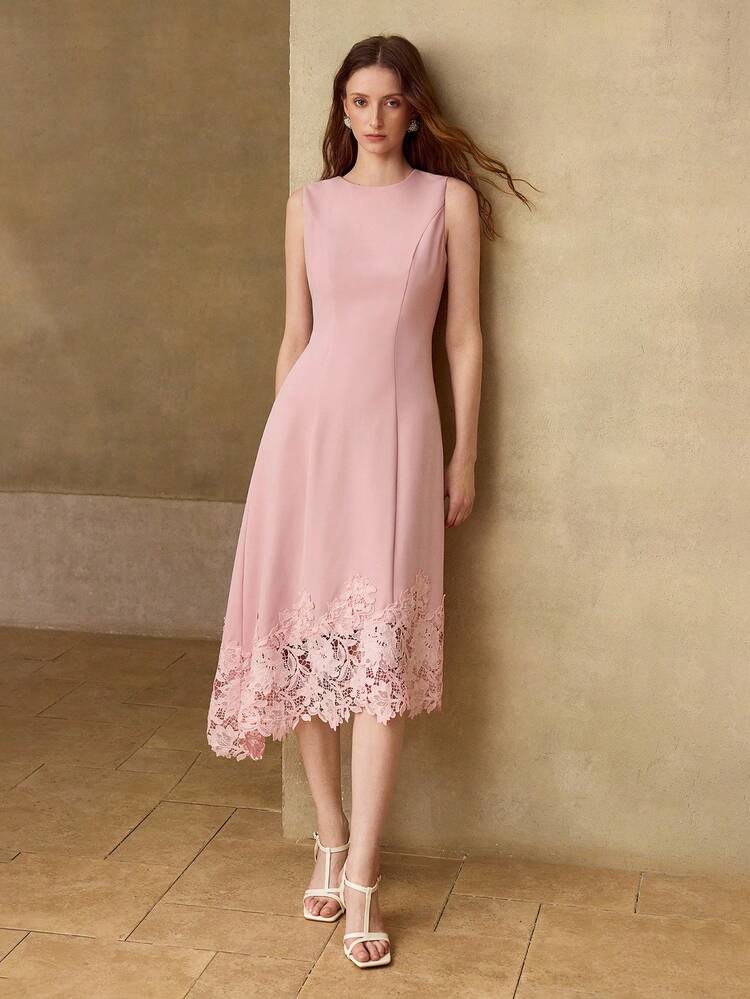 SOLID LACE ASYMMETRICAL HEM SLEEVELESS MIDI DRESS