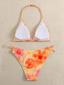 SHEIN Conjunto de bikini de 2 piezas con cuello de halter y ribete a rayas para adolescentes, traje de baño de verano para vacaciones en la playa - Blanco y Negro - Ver 2