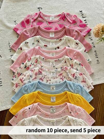 SHEIN LMoss Kids Set de 5 piezas de pelele de manga corta con estampado de flores y lunares de estilo lindo y de punto para bebé niña recién nacida en verano